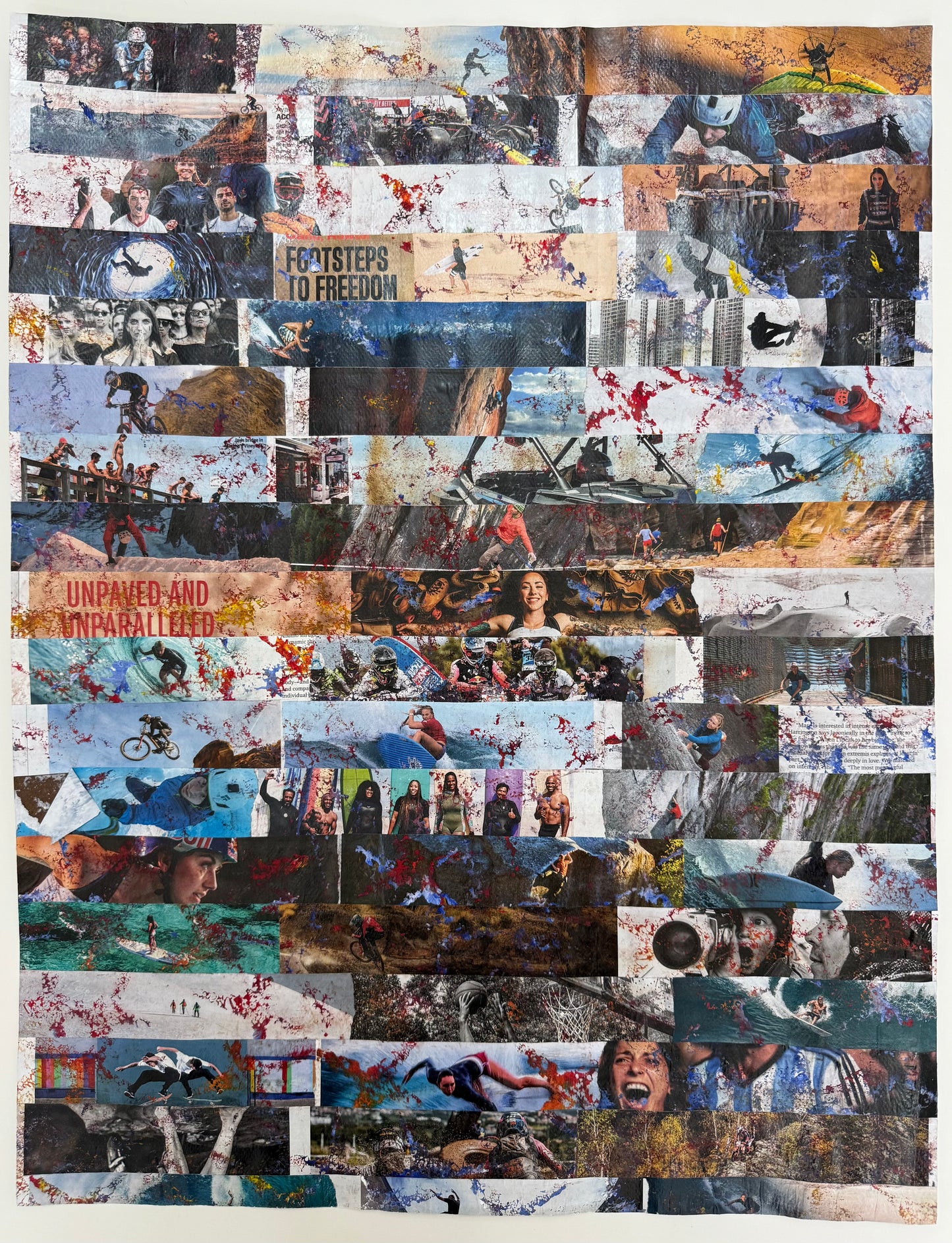Colorful abstract collage with wings and explosive graphic details symbolizing energy, ambition, and bold motion.