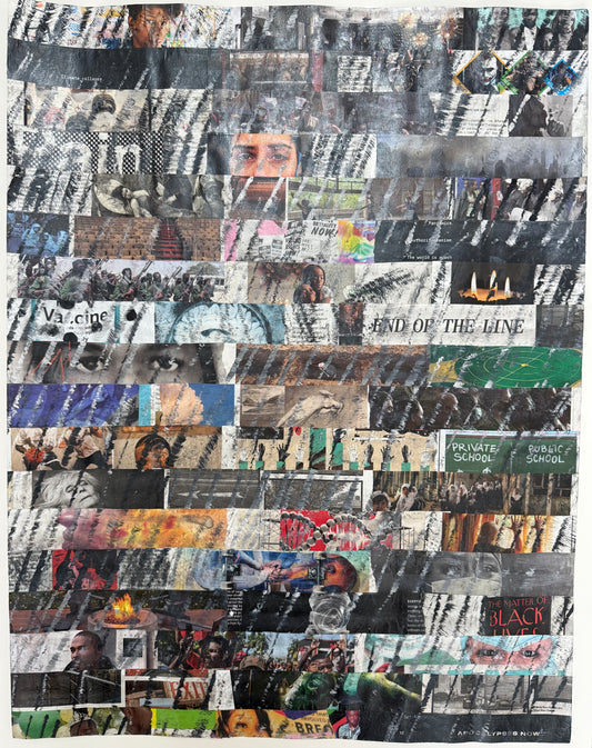 Abstract mixed media collage artwork featuring layered textures, muted colors, and torn paper elements symbolizing the fragmented emotions and stillness of the year 2020.