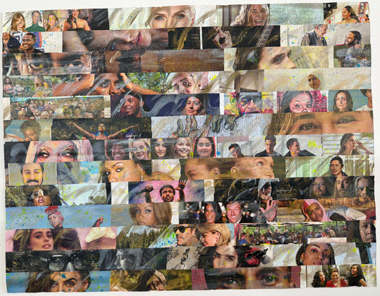 Colorful abstract painting depicting faces of human figures, bold brushstrokes, and layered textures exploring identity, anonymity, and digital-era expression.