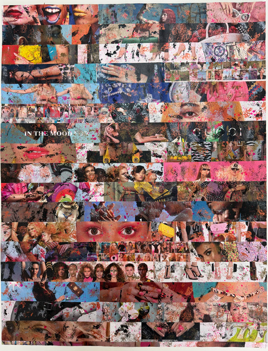 Abstract mixed media artwork titled "Chick Flick" featuring bold colors, layered textures, and pop culture-inspired collage elements.