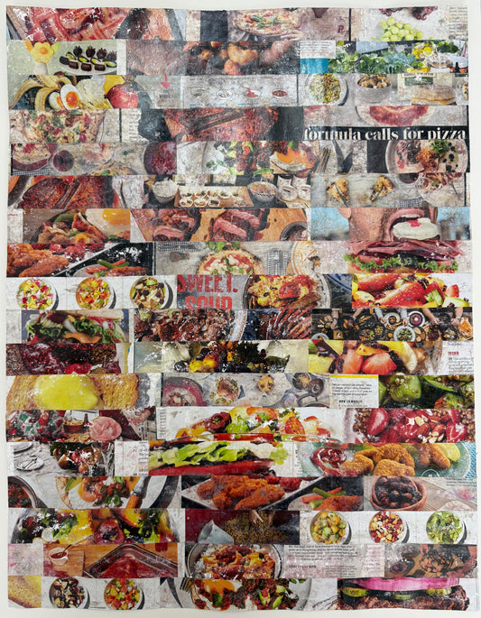 Urban-inspired abstract artwork titled "Lean Kitchen" featuring layered textures, collage fragments, and minimalist domestic motifs in grayscale tones.