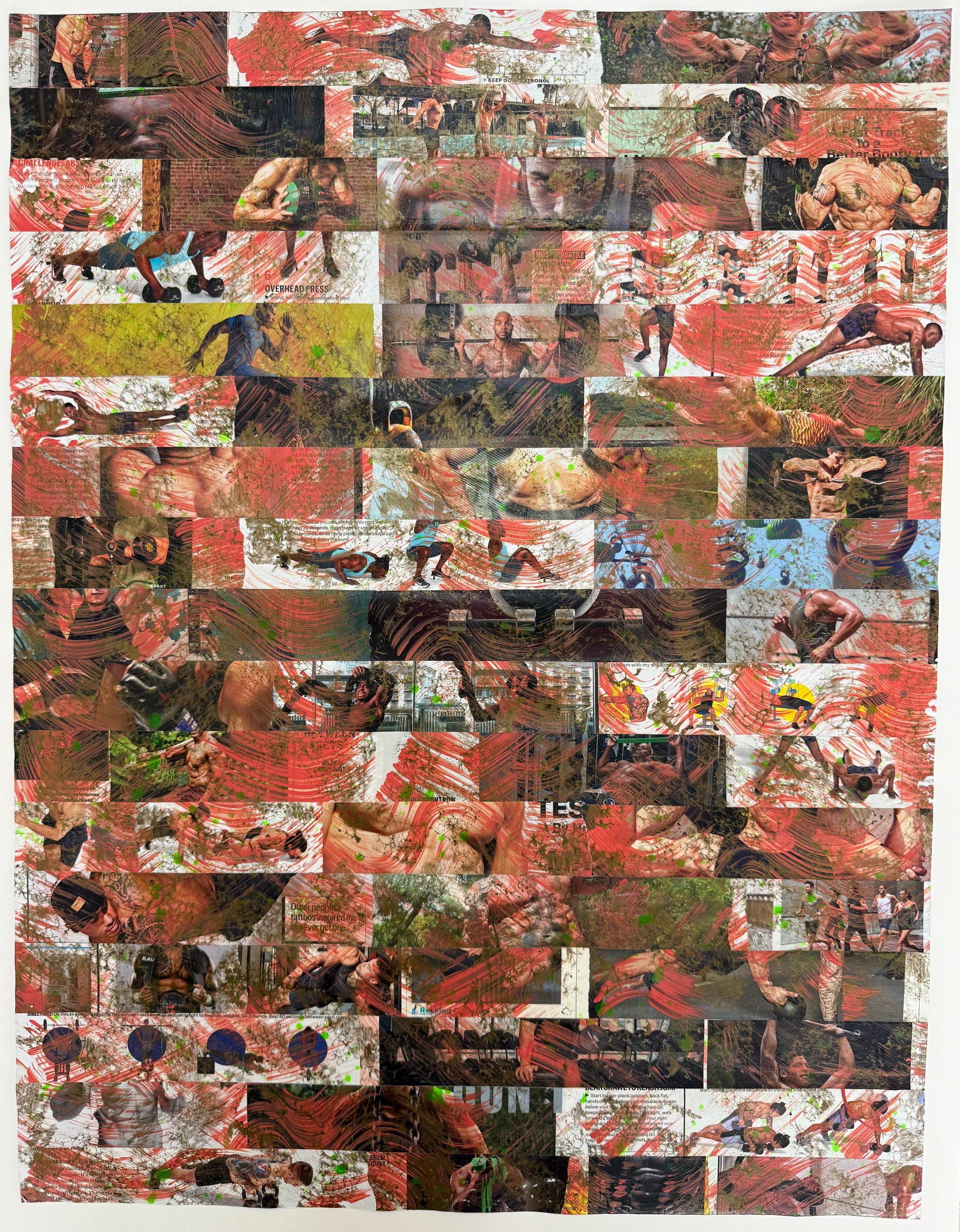 Mixed media artwork titled "Obsession" featuring fragmented body imagery, fitness-themed collage elements, and abstract textures reflecting body image anxiety.