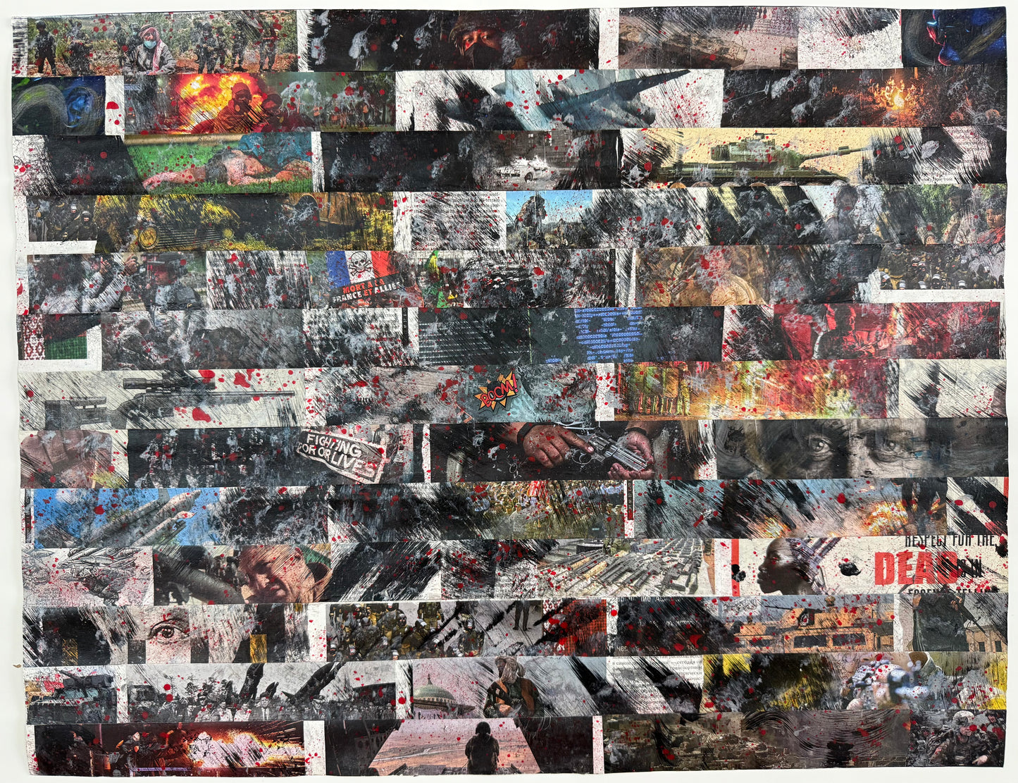 Mixed-media abstract collage depicting global unrest, with layered textures and visual elements symbolizing war, chaos, and emotional tension.